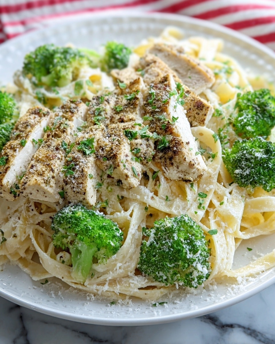 A white plate holds three main layers of food. The bottom layer is light cream-colored fettuccine pasta with a smooth, creamy texture, spread evenly across the plate. On top of the pasta, bright green broccoli florets are scattered, adding pops of color with their detailed, bumpy texture. The top layer is made up of several thick, pale beige pieces of grilled chicken, seasoned with dark herbs and black pepper, placed neatly on one side of the plate. Light sprinkles of grated cheese and green herbs cover the pasta, broccoli, and chicken, creating a fine, delicate topping. The plate sits on a white marbled surface, with a red and white striped cloth in the background. Photo taken with an iphone --ar 4:5 --v 7