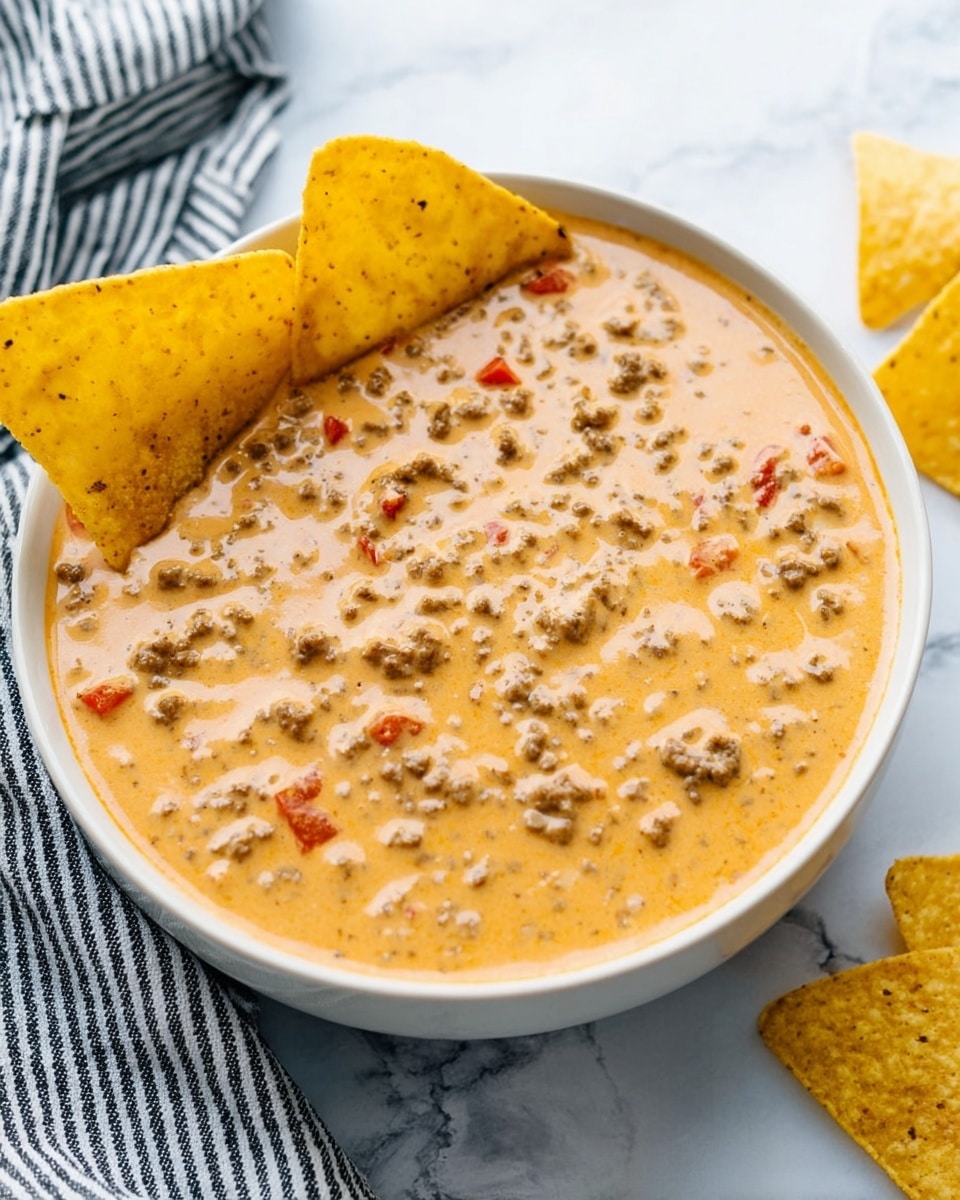 A white bowl filled with thick, creamy cheese dip mixed with small beige ground meat pieces and bits of red pepper throughout. The dip has a smooth, slightly lumpy texture and a light orange color. Three large yellow tortilla chips are partially dipped and resting on one side of the bowl. The bowl sits on a white marbled surface with a black and white striped cloth on the left side and a couple of tortilla chips scattered nearby. photo taken with an iphone --ar 4:5 --v 7