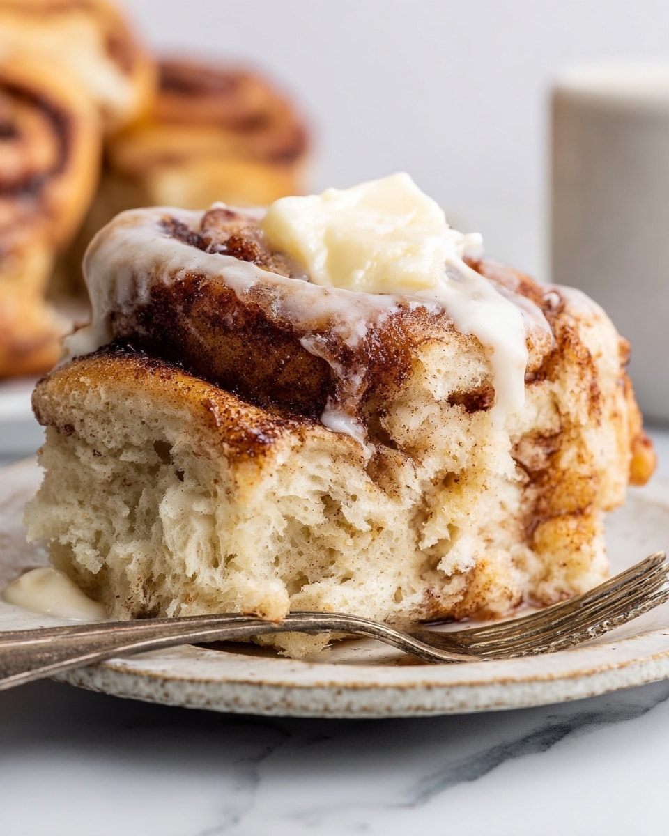 A close-up of a thick layered cinnamon roll on a white plate with a rough edge, sitting on a white marbled surface. The bottom layer shows a soft, fluffy bread with a light golden color, textured with air holes and bits of cinnamon. Above this is a thick, darker brown swirled cinnamon dough layer with melted butter dripping over it. On the very top, a small curl of white butter is melting gently on a creamy white glaze covering the cinnamon layer. A silver fork is placed on the right side of the plate. Photo taken with an iphone --ar 4:5 --v 7