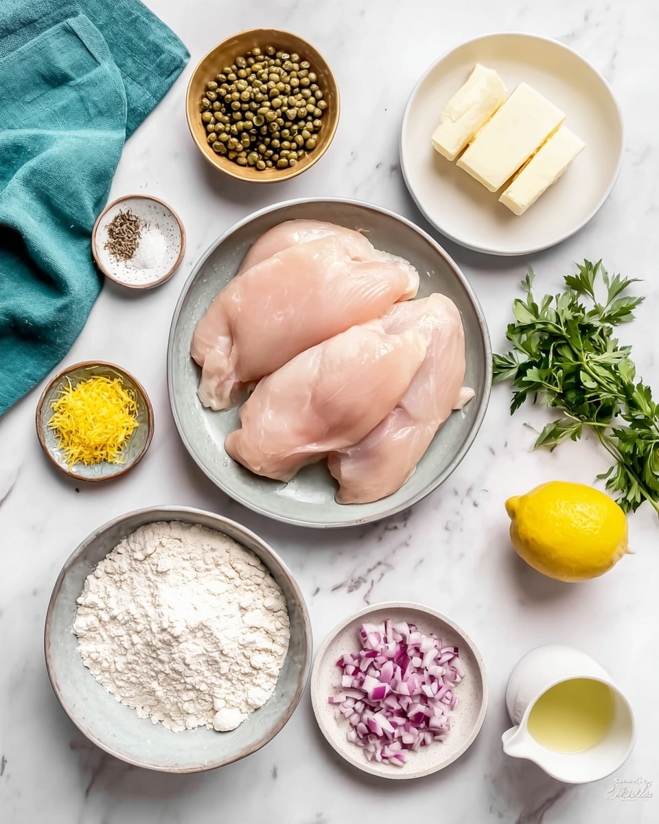 The image shows a flat lay of ingredients arranged on a white marbled surface. In the center, there is a grey bowl holding four raw chicken fillets, light pink in color with smooth texture. Below it, a grey bowl contains white flour with a pinch of salt. To the left of the chicken, a small golden bowl holds grated yellow lemon zest, while a small bunch of green parsley is placed nearby. Above, a white bowl has small green capers with a wrinkled texture. To the right side, a white bowl has finely chopped red onions with purple and white colors. Next to it, a yellow lemon is placed directly on the surface. Above the lemon, a small white plate holds two slices of pale yellow butter. There is also a white cup with a light yellow liquid and another white cup with grated pale white cheese. A turquoise cloth is partially visible in the top left corner. Photo taken with an iphone --ar 4:5 --v 7