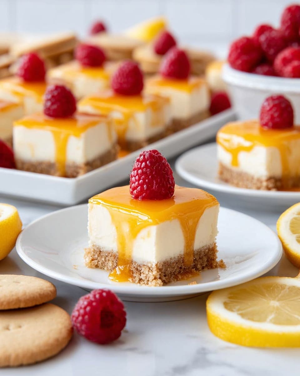 A small square dessert piece sits in the middle of a white plate. It has three layers: a crumbly light brown base, a thick creamy white middle layer, and a shiny orange-yellow topping that drips slightly over the edges. A bright red raspberry rests on top of the dessert. In the background, more pieces of the same dessert are arranged neatly on a white rectangular plate, each topped with a raspberry. Around the plates, there are scattered round beige cookies, fresh raspberries, and lemon slices. The whole scene sits on a white marbled surface. photo taken with an iphone --ar 4:5 --v 7