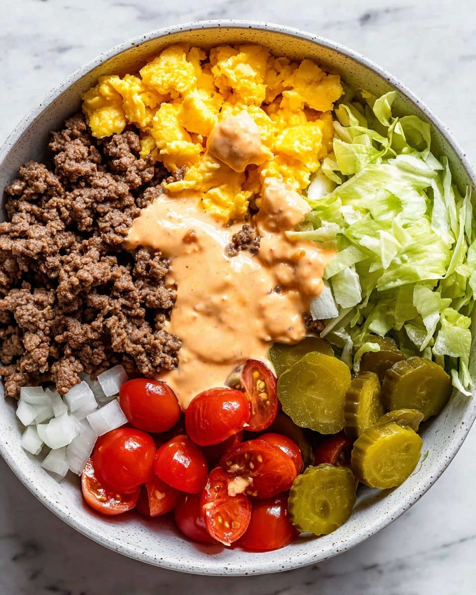 A white bowl on a white marbled surface holds layers of food arranged side by side. On the top left are bright yellow scrambled eggs, next to them on the right, cooked ground beef with a brown and crumbly texture. In the center, there is a dollop of creamy light orange sauce spread partially over the beef and other ingredients. Below the sauce are small diced white onions. On the bottom left corner, green sliced pickles are visible. To the right of the pickles are halved cherry tomatoes, shiny and deep red. On the far right, shredded light green lettuce adds freshness and color contrast. The photo taken with an iphone --ar 4:5 --v 7