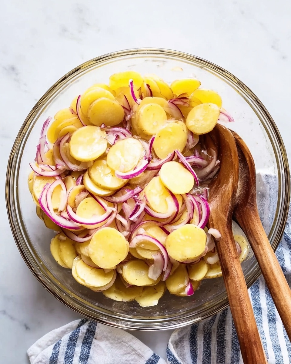 A clear glass bowl filled with thin round slices of yellow potatoes mixed with thin slices of purple-red onions. The bowl contains two wooden spoons with a smooth brown wood texture placed inside, partially covered by the potato and onion slices. The bowl sits on a white marbled surface, and a striped cloth with blue and white lines is partially visible under the bowl. Photo taken with an iphone --ar 4:5 --v 7