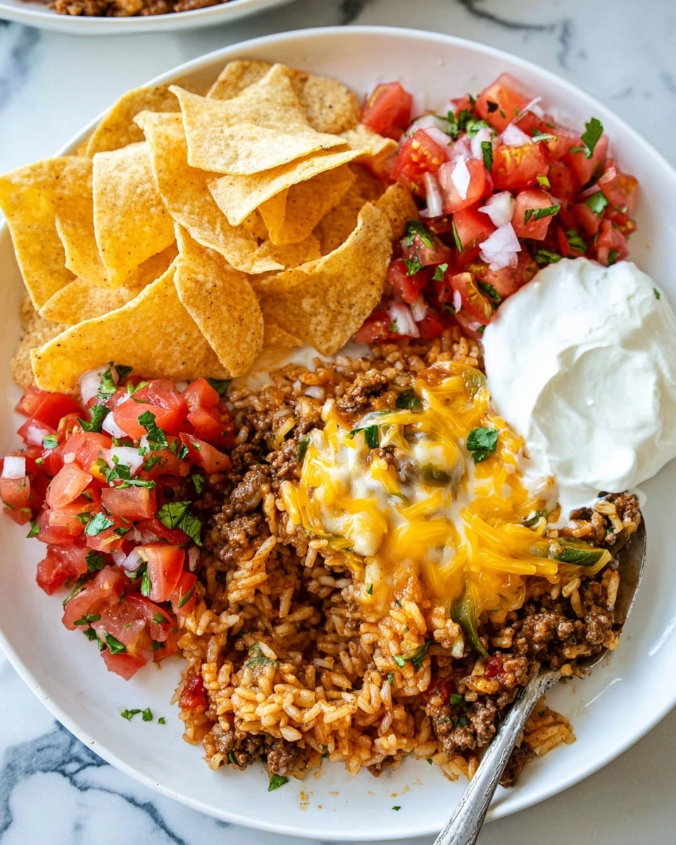 A white plate holds a colorful meal with four main parts arranged side by side. On the right, a large scoop of cooked rice mixed with seasoned ground meat, diced green herbs, and bits of red tomato is topped with melted yellow cheese that looks warm and soft. In the top left, there are crispy, light yellow tortilla chips with a slightly rough texture. Below the chips, there is fresh pico de gallo made of bright red diced tomatoes, white onion bits, and chopped green herbs, giving a fresh and juicy look. Finally, at the bottom right of the plate, a creamy, smooth white dollop of sour cream sits next to the cheesy rice and meat mix. The surface underneath the plate is a white marbled texture. A silver spoon is partially buried in the rice and cheese mix, showing a portion ready to eat. photo taken with an iphone --ar 4:5 --v 7