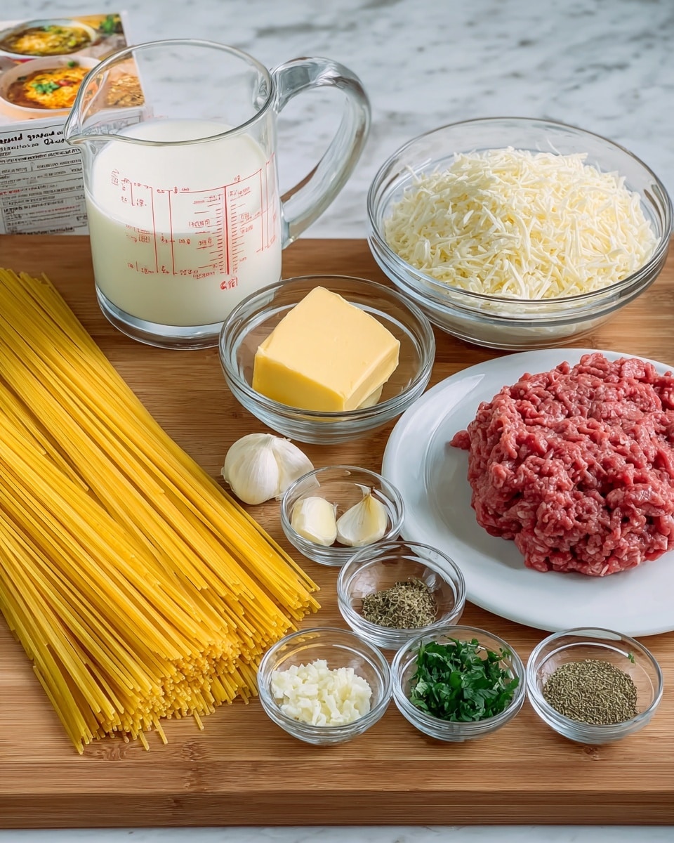 The image shows a wooden board with various cooking ingredients neatly arranged. On the left side, there is a bunch of uncooked yellow spaghetti pasta laid flat. Behind the pasta, a clear glass measuring cup holds white milk with red markings. Just in front of the milk is a small clear glass bowl with a square piece of yellow butter. Further right, a small clear glass bowl contains minced garlic. Next to it, a larger clear bowl is filled with shredded white cheese. On the far right, ground raw beef rests on a plain white plate. In front of the pasta and liquids, four small clear glass bowls hold different spices and fresh green herbs. A box with a picture of soup is visible in the background. The setting is on a wooden surface with a white marbled texture as the overall background. photo taken with an iphone --ar 4:5 --v 7