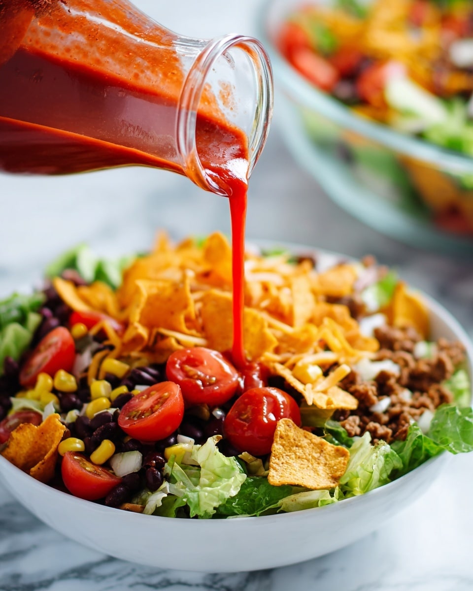 A close-up view of a salad in a white bowl on a white marbled surface, showing three main layers: at the bottom, green leafy lettuce with light texture; in the middle, a mix of diced cooked meat, black beans, and yellow corn kernels scattered evenly; on top, bright red cherry tomatoes, whole and shiny, with orange crispy chips sprinkled around. A clear glass container is pouring thick, bright red dressing over the salad, with a woman's hand holding it gently from above. In the blurred background, a large white bowl with more salad is visible. Photo taken with an iphone --ar 4:5 --v 7