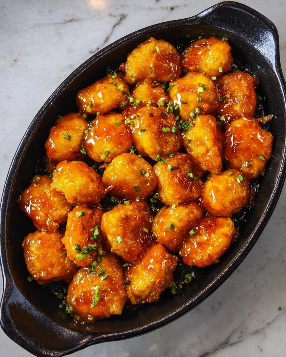 The image shows a black oval pan filled with about twenty golden brown nuggets covered in a shiny orange glaze. The nuggets have a slightly rough texture with some crispy edges visible. Small green herb bits are scattered lightly on top. The pan is placed on a white marbled surface. photo taken with an iphone --ar 4:5 --v 7