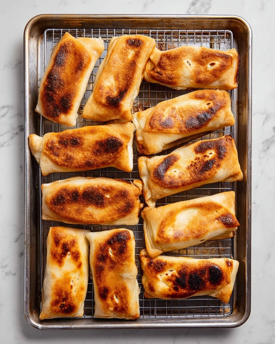 The image shows a metal baking tray with a wire rack on top, holding twelve golden-brown folded pastries. Each pastry is rectangular and folded over with slightly dark toasted spots and small slits on top showing a hint of filling inside. The pastries vary in their evenness of browning, some lighter golden and others richer brown, with a soft, slightly puffy dough texture. The tray is placed on a white marbled surface. photo taken with an iphone --ar 4:5 --v 7