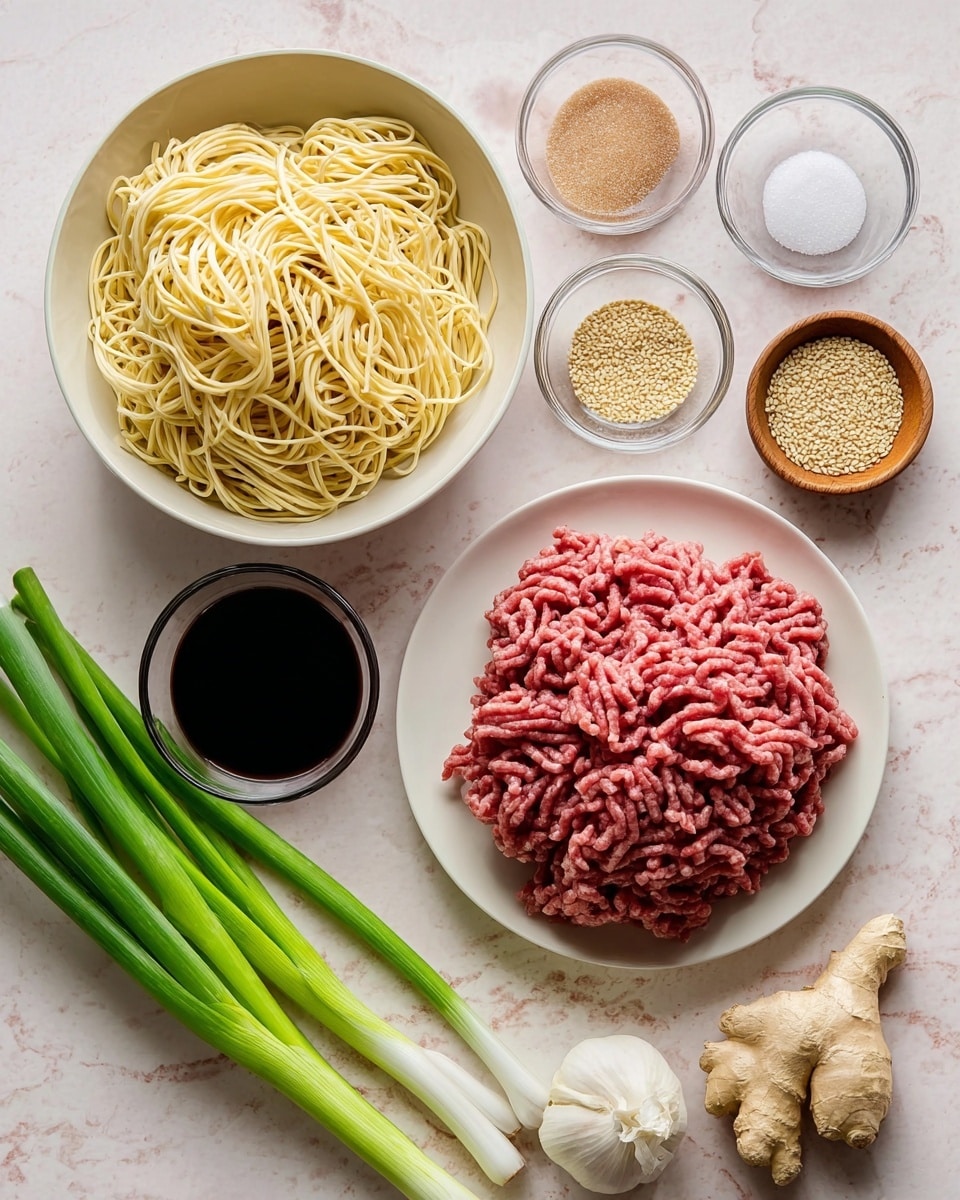The image shows a flat lay of cooking ingredients arranged on a white marbled surface. In the center-left, there is a white bowl filled with light yellow cooked noodles that have a soft and slightly shiny texture. To the right, a white plate holds a pile of raw ground meat with a pink and red color, showing fine strands and a fresh look. Above the noodles, there are small glass and wooden bowls containing light brown sugar, white starch powder, golden sesame seeds, dark soy sauce, and a thick black sauce. At the bottom left, a bunch of fresh green onions with white ends lie diagonally. On the bottom right corner, a fresh garlic bulb and a chunk of beige ginger root are placed. The photo taken with an iphone --ar 4:5 --v 7