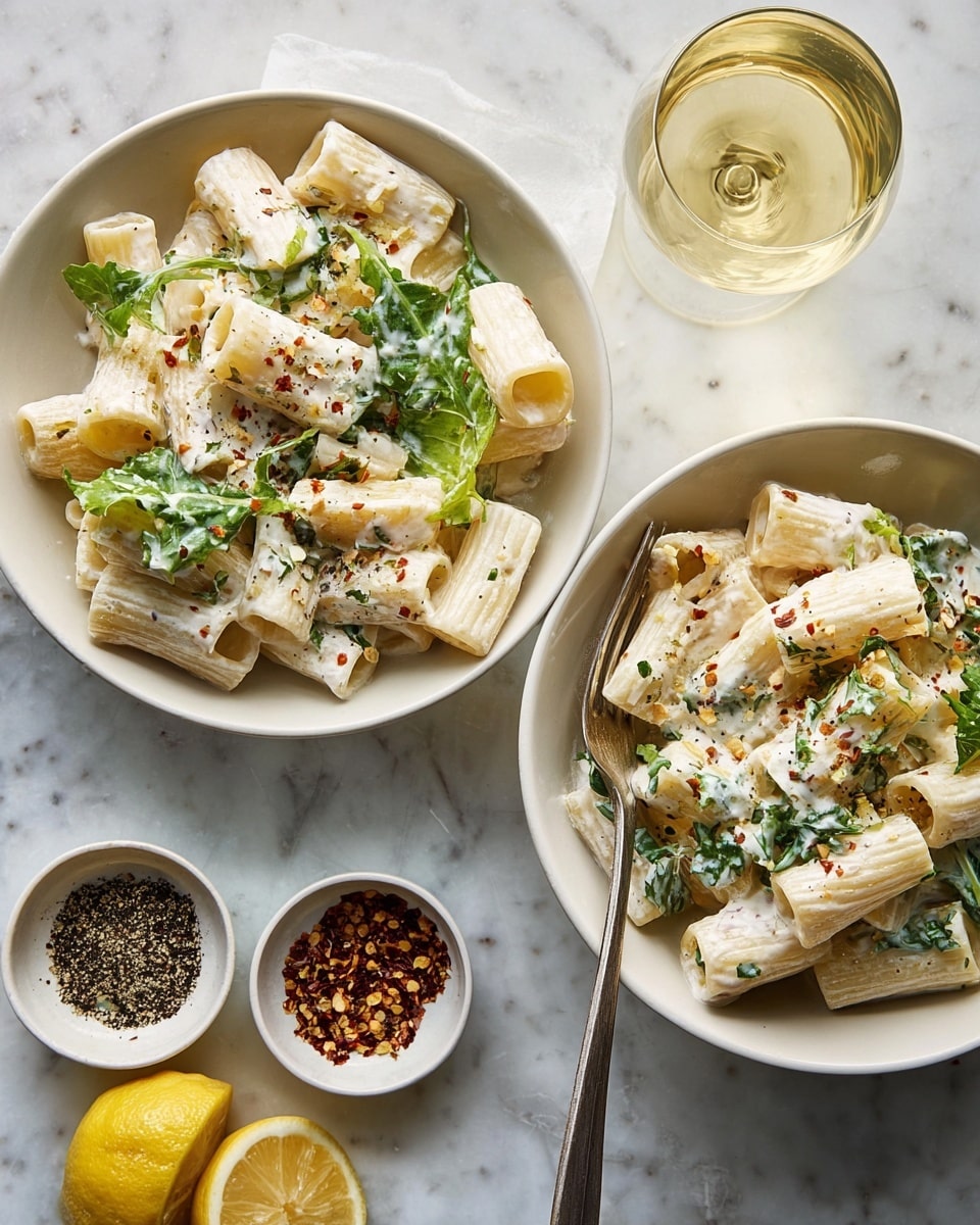 Two white bowls each hold a creamy pasta dish made with short tube-shaped rigatoni coated in a thick white sauce. The pasta is mixed with fresh green herbs and small leaves of leafy greens, with a light sprinkle of crushed red pepper flakes and black pepper on top. A fork rests in the bowl at the bottom center, slightly leaning outward. Nearby, two lemon halves with bright yellow peel and juicy interiors sit on a white marbled surface. Next to them are two small white dishes, one filled with black pepper and the other filled with crushed red pepper flakes. A glass of pale yellow-white wine is also on the surface, adding a touch of warmth to the cool tones of the scene. photo taken with an iphone --ar 4:5 --v 7