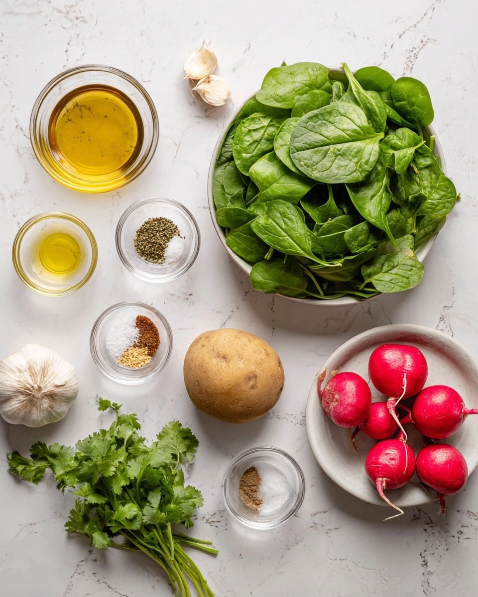 A white bowl filled with fresh green spinach leaves sits on a white marbled surface. Nearby, a white bowl holds several whole radishes with red skin and white tips. A medium-sized light brown round root vegetable is placed near the bowls. There is a bunch of fresh green cilantro lying flat in the center. Around these are small clear glass bowls containing different ingredients: light yellow oil, clear liquid, a darker yellow oil, a cloudy pale yellow juice, salt, black pepper, brown spice, dried herbs, and a small amount of mustard. A whole garlic bulb is also placed among the ingredients. The scene is clean and bright with natural light, photo taken with an iphone --ar 4:5 --v 7