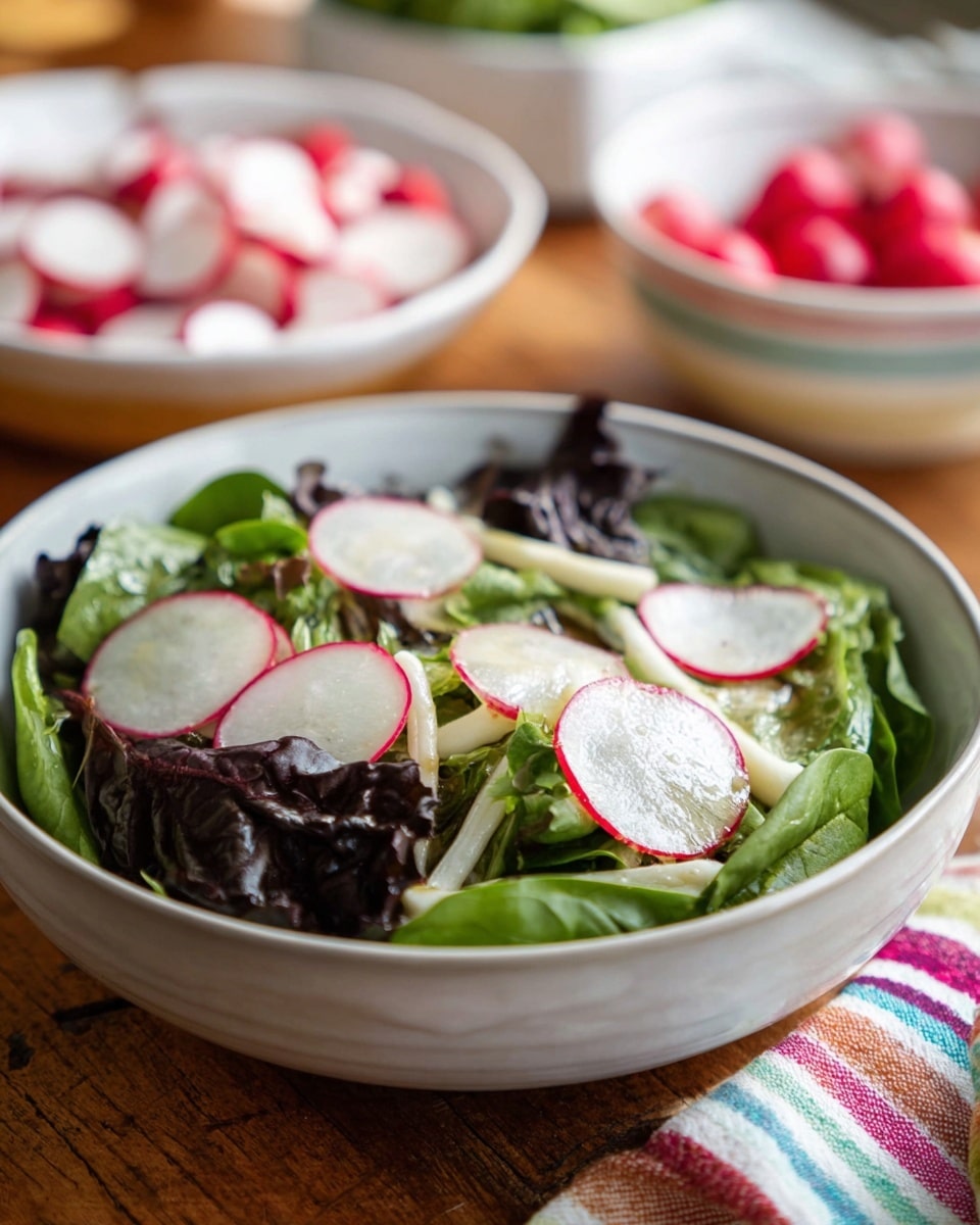 The dish is a fresh salad served in a white bowl placed on a wooden surface with a white marbled texture background. The salad has two main layers: the bottom layer is a mix of green leafy vegetables, including spinach and dark purple lettuce, giving a rich, leafy texture. The top layer consists of thinly sliced round radishes with a white center and a bright red edge, scattered evenly over the salad. Along with the radishes, there are thin, white, stick-like vegetable pieces mixed in, adding a crunchy texture and a light contrast to the leafy greens and radishes. The salad looks fresh and lightly dressed, with a slight shine on the leaves. In the background, there are white bowls filled with sliced radishes and other ingredients, all on a colorful striped cloth. photo taken with an iphone --ar 4:5 --v 7