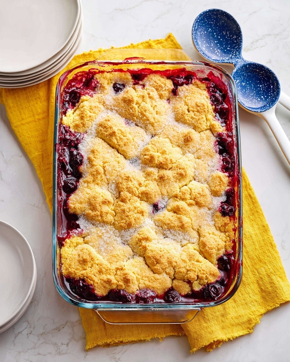 A glass baking dish filled with a golden brown cobbler that has uneven, lightly cracked, textured top crust. Around the edges, dark red and purple fruit filling bubbles and spills softly onto the sides. The dish rests on a bright yellow cloth, placed on a white marbled surface. Nearby, there are white plates stacked and two spoons, one white with a blue handle and the other fully blue with white speckles. Photo taken with an iphone --ar 4:5 --v 7