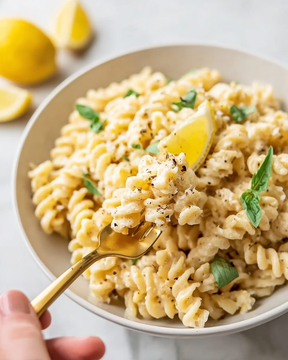 A white bowl filled with creamy pasta made of spiral-shaped noodles coated in a light yellow sauce with small bits of cheese and black pepper on top, garnished with small green basil leaves and a thin lemon slice placed in the middle of the pasta. A woman's hand holds a gold fork lifting a bite of the pasta close to the camera. The background is a soft white marbled surface with blurred yellow lemon slices visible. Photo taken with an iphone --ar 4:5 --v 7