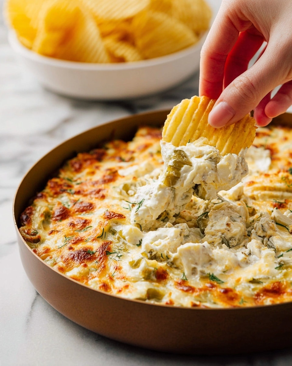 A close-up of a round white pan filled with a creamy white dish that has melted, lightly browned cheese on top. The dish has two layers: the bottom creamy white base with soft textures and scattered small white beans, and the top layer with melted cheese that has golden brown spots and green chopped pickles or herbs sprinkled throughout. In the middle, there is one wavy-edged yellow potato chip standing vertically. The pan handle is dark and slightly rusted, and the surface beneath the pan is a white marbled texture photo taken with an iphone --ar 4:5 --v 7