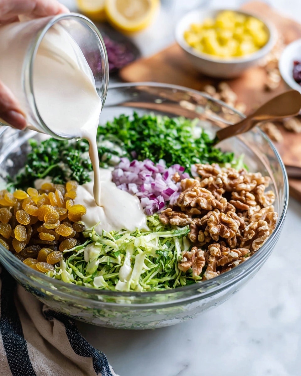 A clear glass bowl sits on a white marbled surface, filled with four visible layers of ingredients. The bottom layer is shredded green celery, followed by a pile of golden raisins on the left side. Above the celery and to the right, there are chopped fresh green herbs. Next to the herbs is a group of small, chopped purple onions near the center. On the far right, a pile of whole walnuts adds a warm brown color. A woman's hand is pouring a creamy white dressing over the center of the salad, creating a smooth flowing texture into the bowl. In the background, blurred small white plates hold yellow and purple ingredients, and a lemon is visible. A wooden cutting board with a handle rests on the surface near a white and dark blue striped cloth. Photo taken with an iphone --ar 4:5 --v 7
