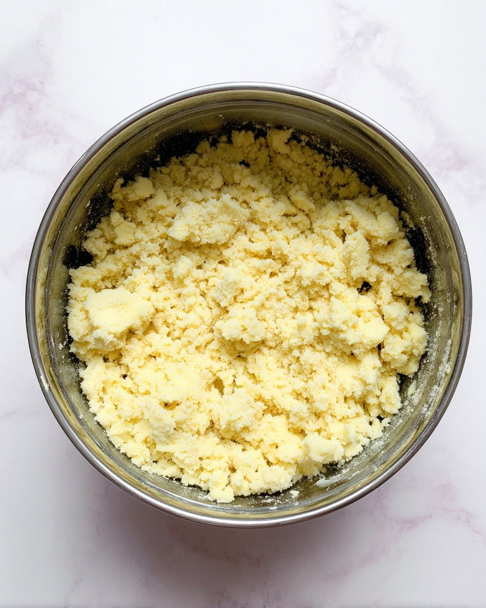 The image shows a metal round bowl filled with a crumbly yellow mixture that looks soft and slightly moist in texture. The mixture has uneven small and medium clumps spread all over the bowl's inner surface. The bowl sits on a white marbled surface. Photo taken with an iphone --ar 4:5 --v 7