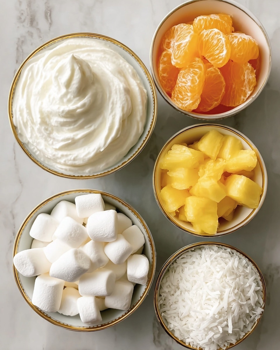 The image shows five small white bowls with gold trim on a white marbled surface. The top left bowl is filled with thick white whipped cream with a smooth, swirled texture. The top right bowl holds bright orange mandarin segments that look juicy and shiny. In the middle left bowl, there are many small white marshmallows that are soft and puffy. The bottom right bowl contains white shredded coconut with a fibrous texture. The bottom left bowl is filled with yellow pineapple chunks that look fresh and moist. Photo taken with an iphone --ar 4:5 --v 7