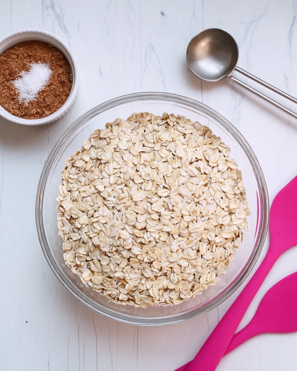 A large clear glass bowl filled with light beige rolled oats takes center stage on a white marbled surface. To the left, there is a small white ramekin filled with a reddish-brown powder topped with a small pile of white salt. Above it, a metal measuring spoon with a long handle rests on the surface. To the right side of the bowl, bright pink silicone spatulas are placed, their handles partially visible. The scene is evenly lit, showing the texture of the oats clearly photo taken with an iphone --ar 4:5 --v 7