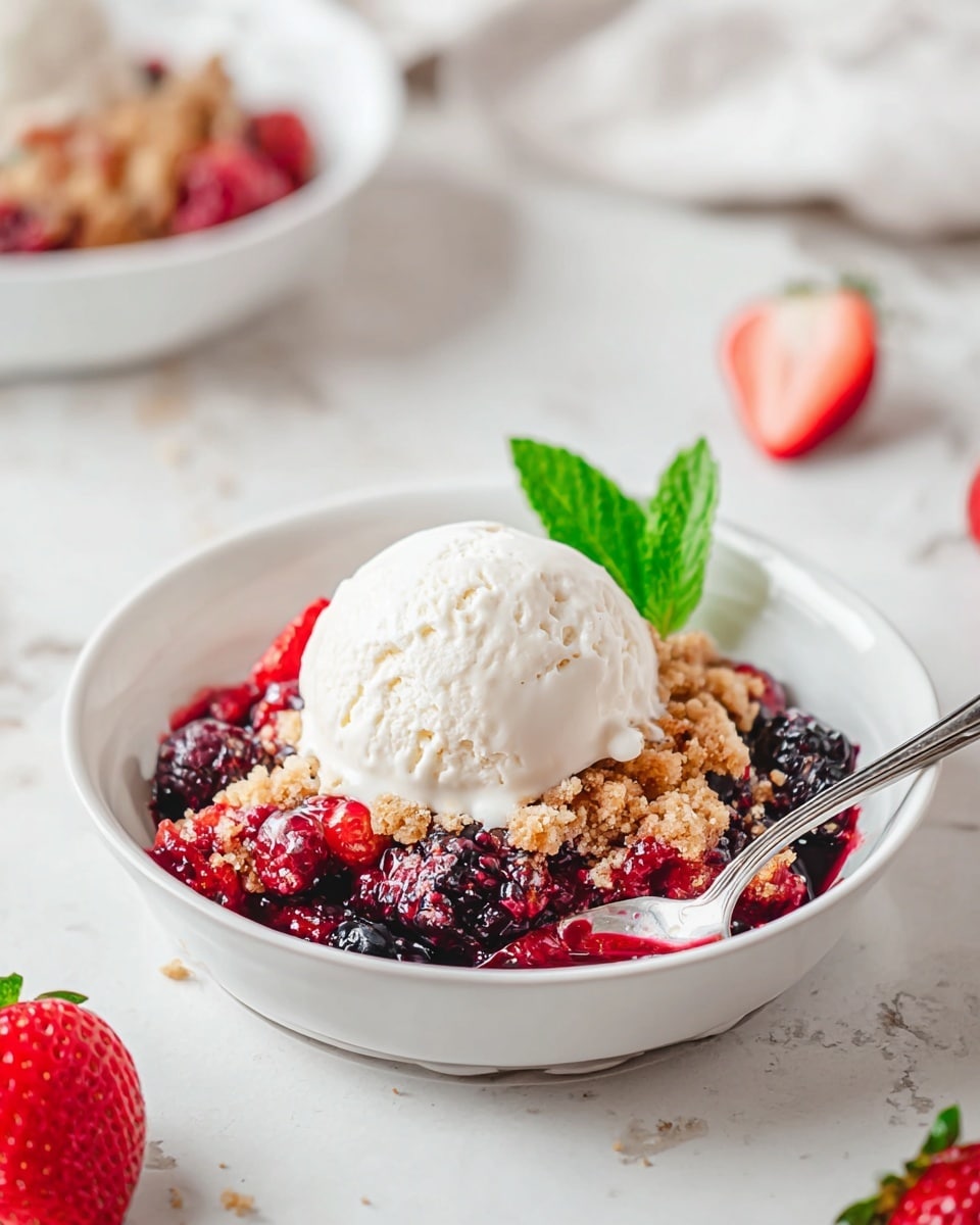 A round white pie dish holds a baked berry crumble with a thick, crumbly, golden-brown topping that covers the whole surface. A spoon lifts a scoop from the dish, revealing a juicy berry filling underneath with red raspberries and dark blueberries mixed together. The crumble topping looks rough and crumbly with bits of brown baked dough. Near the dish, a white bowl filled with red strawberries, raspberries, blueberries, and blackberries is placed on a white marbled surface, along with a red and white checkered cloth nearby. Three silver spoons rest beside the pie dish, and the photo has soft, natural light. Photo taken with an iphone --ar 4:5 --v 7