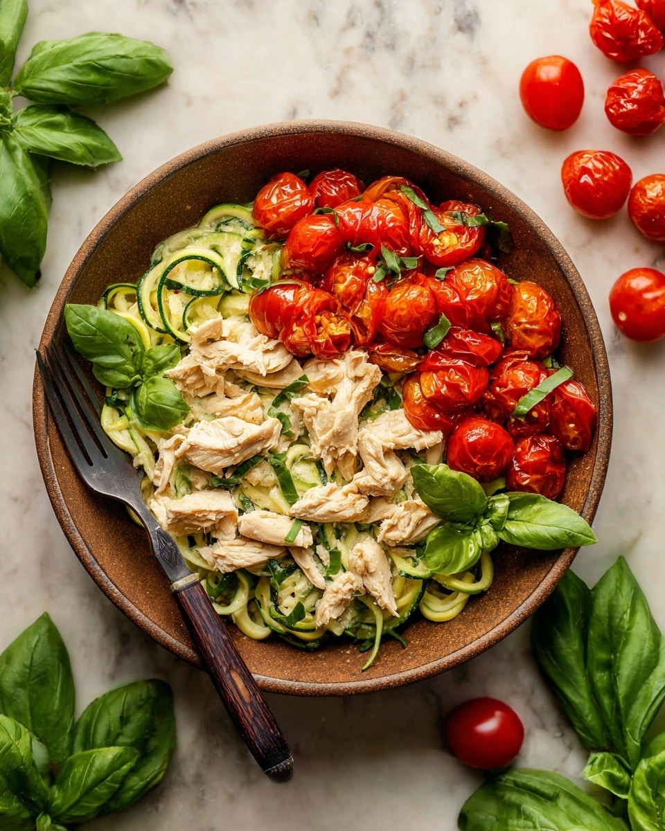 A brown bowl filled with three main layers. The bottom layer is spiralized zucchini noodles, pale green with soft texture, evenly spread. The middle layer has white cooked chicken pieces with light brown edges, scattered over the noodles. The top layer includes bright red roasted cherry tomatoes with a slightly wrinkled skin, and fresh green basil leaves placed on top for color. A dark fork with a wooden handle rests inside the bowl on the left side. The bowl sits on a white marbled surface with fresh basil leaves and red cherry tomatoes around it. Photo taken with an iphone --ar 4:5 --v 7