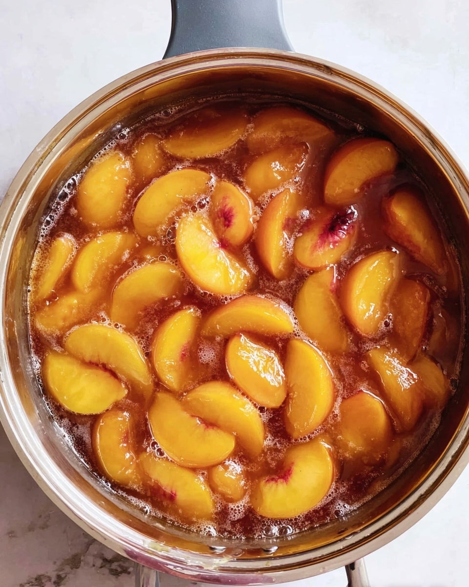 A close-up top view of a glass pot filled with sliced yellow peaches cooking in a bubbling light brown syrup. The peach pieces are soft and glossy, some have reddish spots, and they are evenly spread throughout the syrup. The pot has a thick gray handle, and it rests on a white marbled surface. photo taken with an iphone --ar 4:5 --v 7
