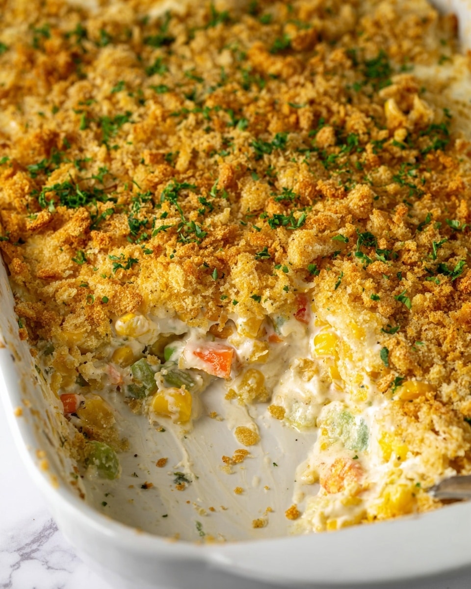 The image shows a white dish with a creamy casserole that has three visible layers: a thick bottom layer of mixed creamy vegetables including corn and small green and orange bits, a middle layer that is also creamy mixed with more vegetables, and a top layer of golden brown, crunchy cracker crumbs sprinkled with chopped green herbs. A scoop has been taken out from one corner, showing the soft, creamy inside and the crispy crumb topping on the white marbled surface. photo taken with an iphone --ar 4:5 --v 7