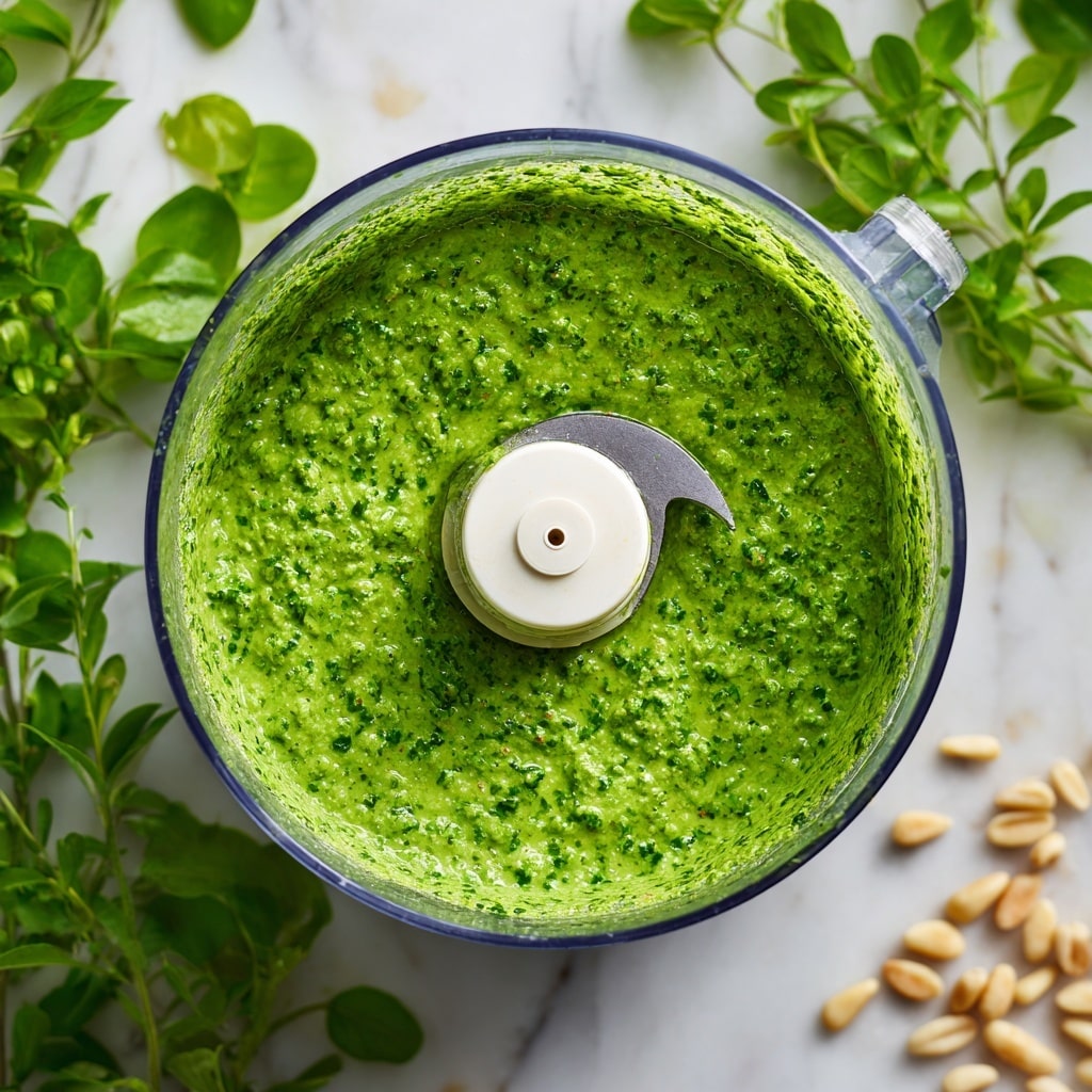 The image shows a clear blender bowl filled with a thick, bright green sauce with a slightly chunky texture. The sauce covers the bottom and sides evenly, showing the mixture's small bits of herbs and nuts. The blender blade is white and centered, surrounded by the green mixture. Around the bowl, there are some green leaves and light-colored pine nuts, all placed on a white marbled surface. In the lower right corner, a black circle displays the number