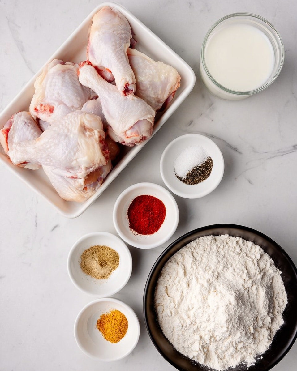 The image shows a white rectangular dish at the top left filled with five raw chicken pieces with visible pale pink skin and some redness near the bones. Around the dish on a white marbled surface, there are six small white bowls and one glass. The bowls contain different spices and powders in separate piles: one with black pepper, one with garlic powder, one with salt, one with a reddish spice, and the last with a yellow powder. The black bowl at the bottom right holds a large amount of white flour with a fine texture. Next to the dish, on the right side, there is a transparent glass filled with white liquid, presumably milk or buttermilk. The arrangement is neat and clear with each ingredient separate and easy to see. photo taken with an iphone --ar 4:5 --v 7