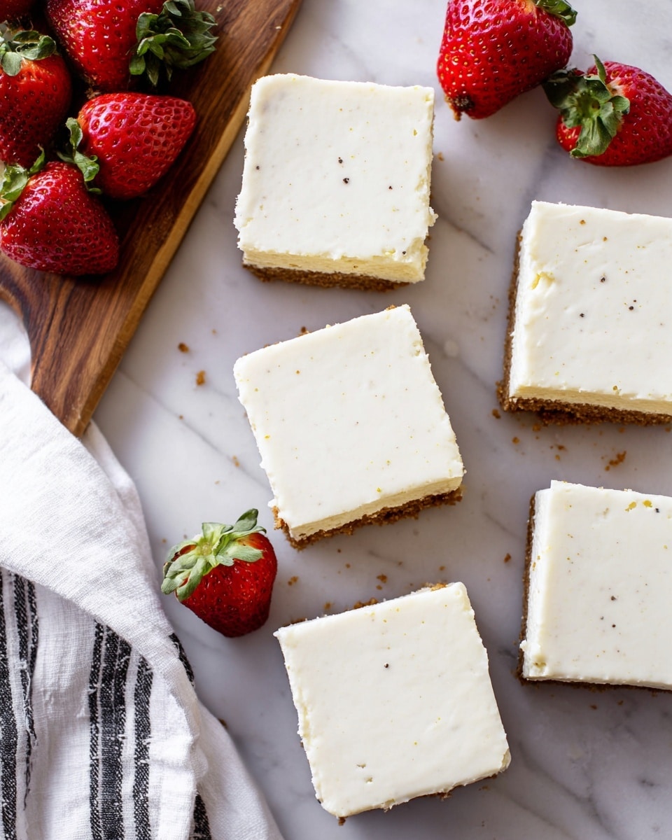 The image shows six square cheesecake bars arranged in two rows on a white marbled surface, each with two layers: a bottom golden-brown graham cracker crust and a top thick creamy white cheesecake layer with a smooth texture and small dark vanilla specks. On the left side, fresh red strawberries, some whole and some halved to show their bright red interior and green leaves, are placed on a wooden board. A white cloth with black stripes is partially visible at the bottom left corner, adding a soft touch to the setup. photo taken with an iphone --ar 4:5 --v 7
