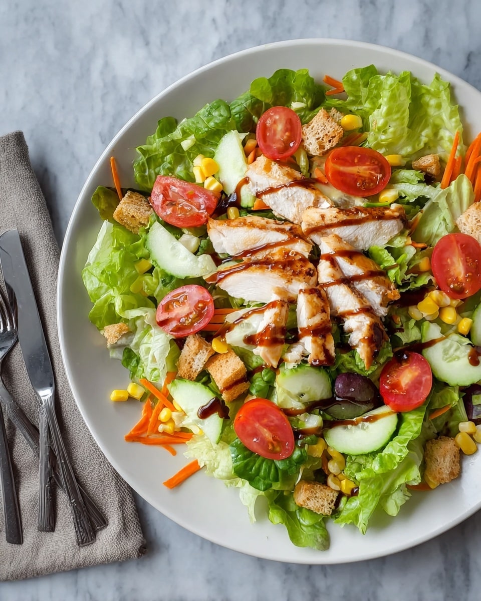 The dish shows a fresh salad on a white plate, set on a white marbled surface with a fork and knife nearby. The bottom layer is green leafy lettuce covering the whole plate, topped with thin orange carrot strips, yellow corn kernels, and light green cucumber slices scattered across. Bright red cherry tomatoes are halved and placed on top, with pieces of grilled white chicken scattered in the center. There are also light brown croutons mixed in, and a dark brown dressing unevenly drizzled across the salad. Photo taken with an iphone --ar 4:5 --v 7