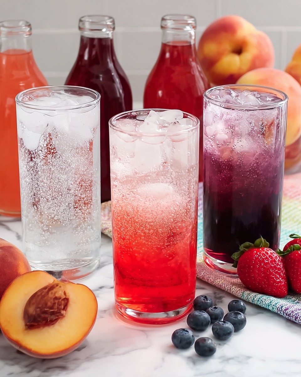 Three tall clear glasses filled with ice sit on a white marbled surface. The left glass has a clear sparkling liquid with bubbles, the middle glass shows a drink with a gradient from bright red at the bottom to light pink near the top, and the right glass contains a drink with a gradient from dark purple at the bottom to light purple near the top. Around the glasses are fresh fruits including a whole peach, a sliced peach with the seed showing, several blueberries, and strawberries. Behind the glasses are clear bottles filled with red, pink, and dark purple liquids. A colorful striped cloth is partially visible under the peaches. Photo taken with an iphone --ar 4:5 --v 7