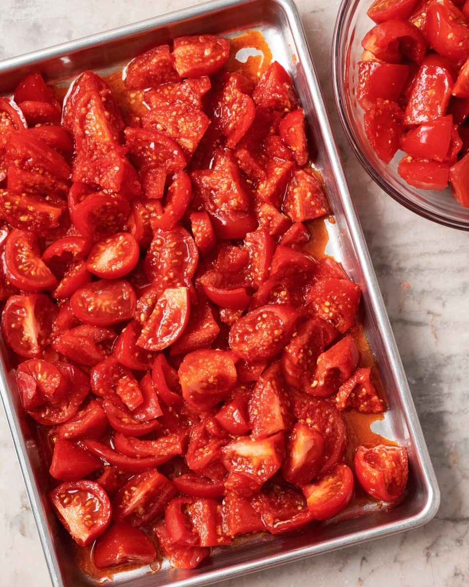 A metal rectangular tray filled with many pieces of red tomatoes, freshly chopped into uneven chunks and slices, showing inside textures with seeds and some juice pooling at the bottom, placed on a white marbled surface. In the top right corner, a clear glass bowl holds more bright red tomato pieces. The image has a bright, fresh look with a focus on the vibrant red color of the tomatoes photo taken with an iphone --ar 4:5 --v 7