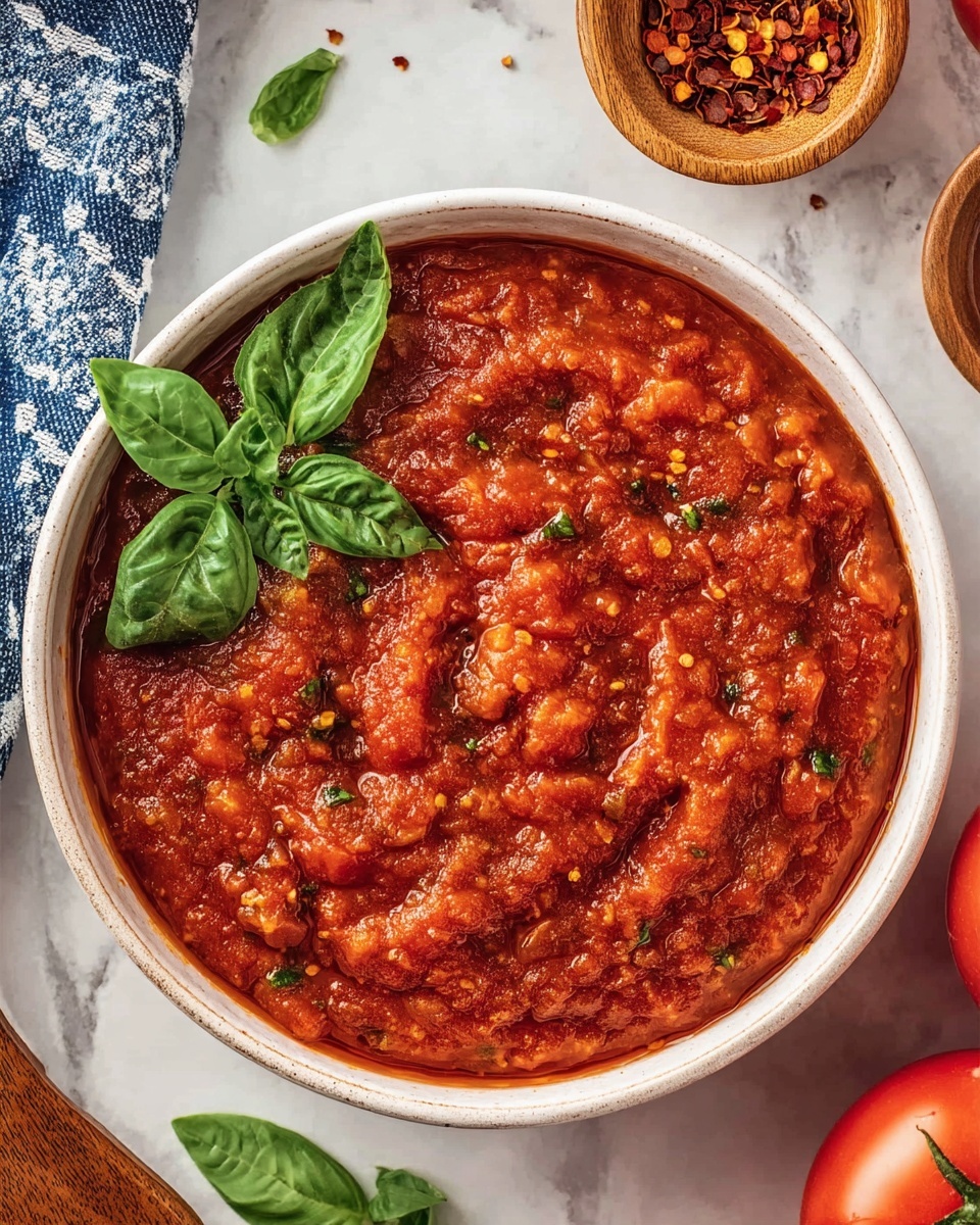 A white bowl filled with thick tomato sauce that has a chunky texture and rich red color with bits of herbs and tomato seeds visible throughout. On top of the sauce, there is a small bunch of fresh green basil leaves placed near the center. The bowl sits on a white marbled surface, with part of a blue and white patterned cloth visible on the left side. There are also parts of two whole red tomatoes in the bottom right corner and a wooden bowl with red chili flakes at the top left corner. Photo taken with an iphone --ar 4:5 --v 7