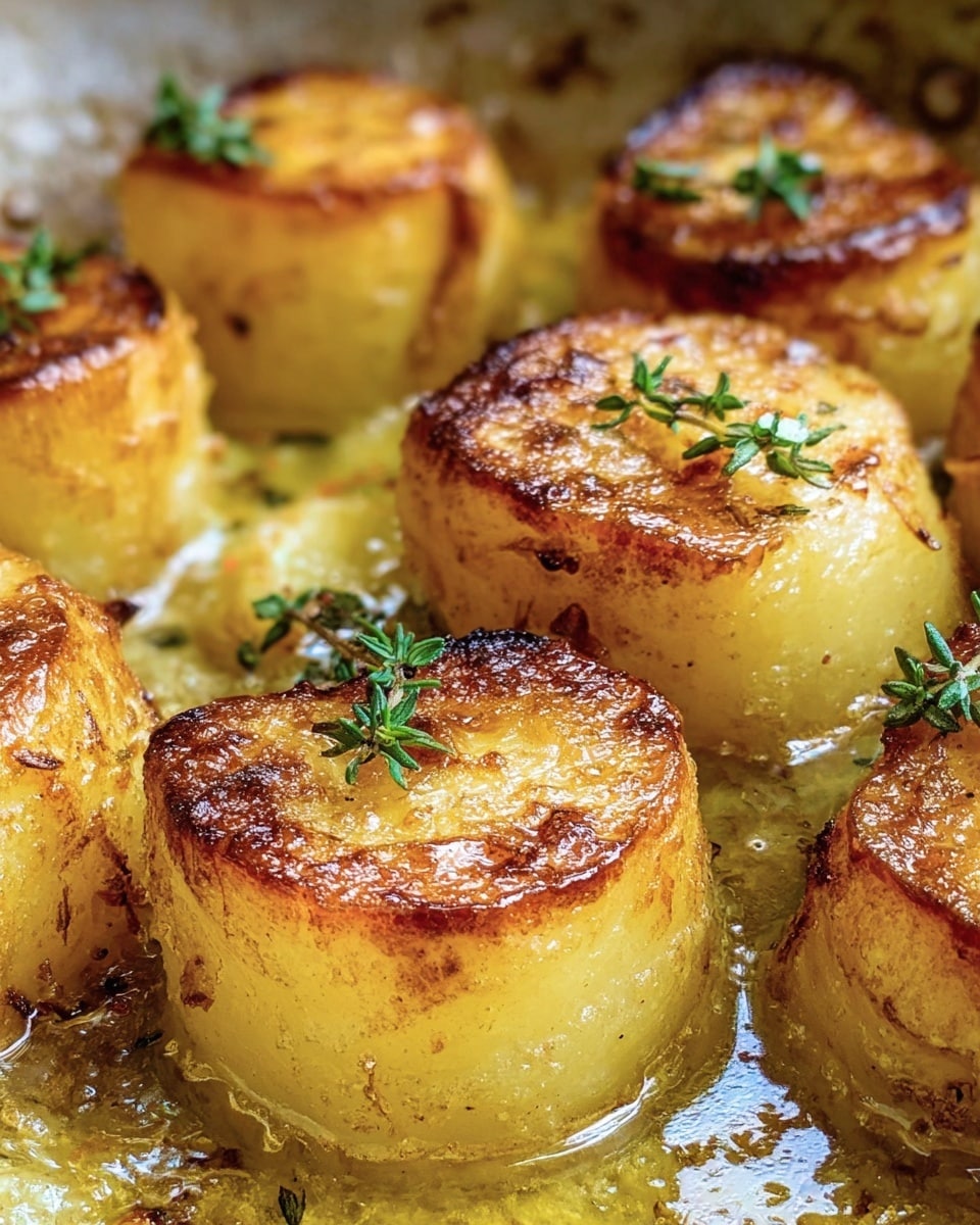 The image shows several thick, golden-brown roasted potatoes standing upright in a pan with a shiny layer of melted butter or oil around them. Each potato piece has a crispy, browned top with a slightly rough texture, and small green sprigs of fresh herbs, likely thyme, rest delicately on the surface of each potato. The potatoes' sides are lighter yellow and look soft and smooth, contrasting with the darkened edges. The pan's edges are visible on the right side, adding to the close-up view of the potatoes cooking. The background is a white marbled texture. photo taken with an iphone --ar 4:5 --v 7