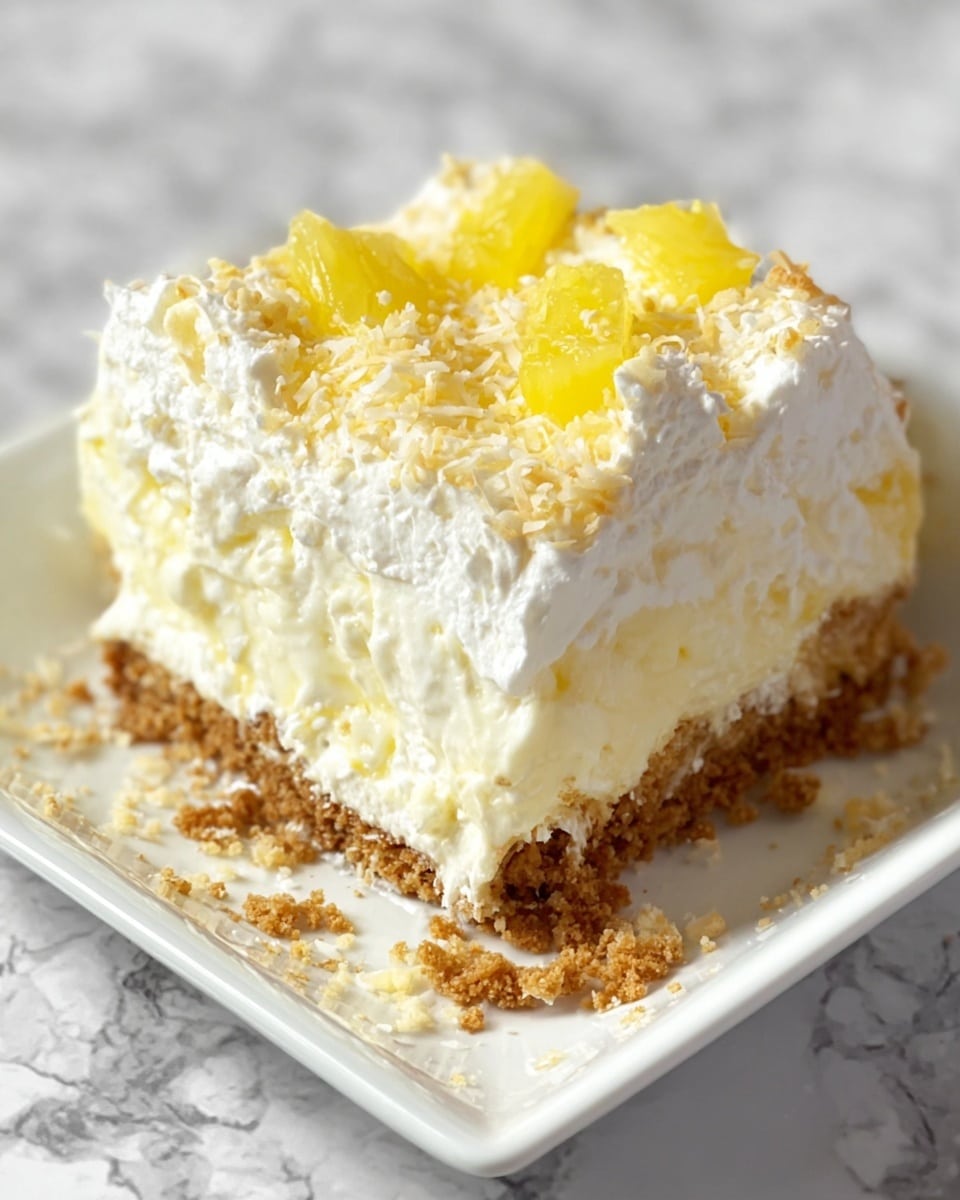 The image shows a close-up of a tall slice of layered dessert in a white dish on a white marbled surface. The dessert has three clear layers: a crumbly brown base made of crushed cookies or graham crackers, a thick middle layer of creamy white filling that looks soft and light, and a top layer of white whipped cream sprinkled with shredded white coconut and decorated with small pieces of bright yellow pineapple. Some crumbs and bits of the dessert are scattered around the dish edges. Photo taken with an iphone --ar 4:5 --v 7