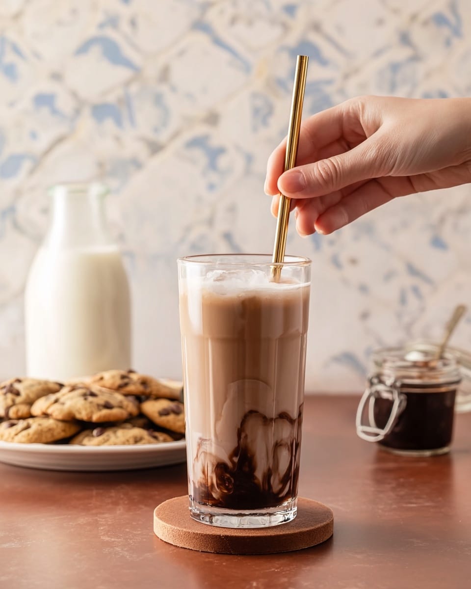 A tall clear glass filled with three layers of a drink: at the bottom a dark, swirled chocolate layer, in the middle a creamy light brown chocolate milk layer, and a thin layer of foam at the top. A woman's hand is stirring the drink with a golden metal straw placed vertically in the glass. The glass sits on a round brown leather coaster on a brown surface with a white marbled texture in the background. Behind the glass, there is a white plate filled with chocolate chip cookies on the left, a glass bottle of milk in the center, and a small jar with dark chocolate syrup on the right. Photo taken with an iphone --ar 4:5 --v 7