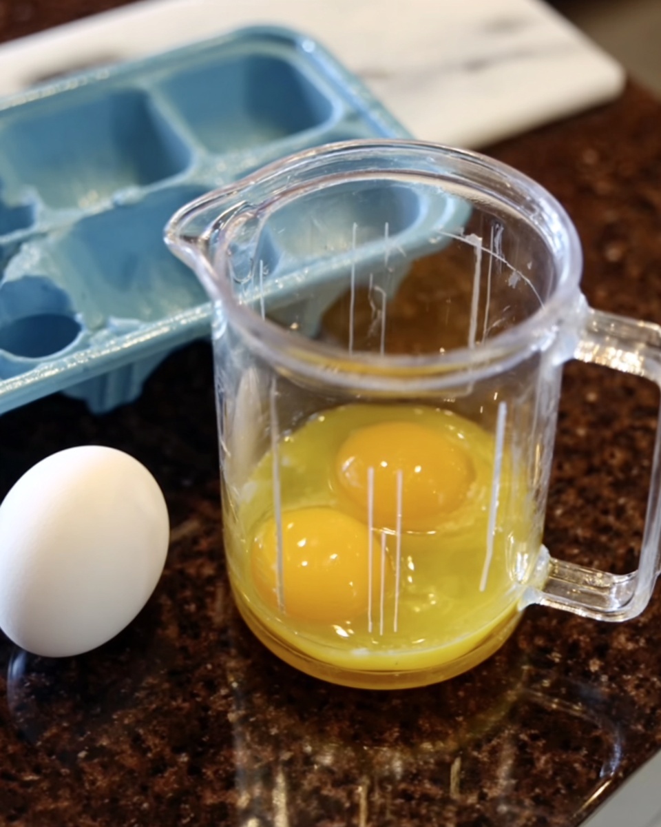 A clear plastic cup with a handle is filled with two raw eggs, showing bright yellow yolks and transparent egg whites inside. The cup is placed on a dark brown speckled counter. To the left of the cup, there is a white egg resting in a blue egg tray. The background features a white marbled surface. photo taken with an iphone --ar 4:5 --v 7