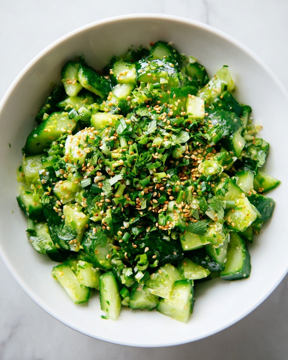 A white bowl sits on a white marbled surface, filled with a fresh green salad made of chopped cucumbers and finely sliced green onions. The salad is topped with chopped cilantro and sprinkled with light brown sesame seeds, adding texture and color contrast. The cucumbers have a shiny, moist look, and the greens are vibrant and fresh. The overall appearance is healthy and crisp, with the colors mainly green and light brown from the seeds. photo taken with an iphone --ar 4:5 --v 7