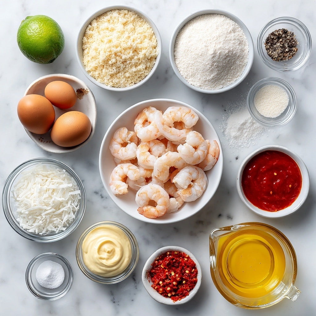 The image shows various cooking ingredients arranged neatly on a white marbled surface. At the center is a white bowl filled with raw shrimp, light pink and curled. Above it, a white bowl holds light beige panko crumbs. To the right, there are small clear bowls with bright red sriracha sauce and deep red paprika powder, and a clear measuring cup with water. Below the shrimp, a white bowl is filled with white shredded coconut, and next to it is a small bowl of creamy, pale yellow kewpie mayo. On the left, a clear bowl contains two brown eggs, and below it are small containers with white rice flour, pale yellow garlic powder, and white baking powder. Near the bottom, a clear bowl holds red Thai sweet chili sauce, and next to it is a small bowl of minced garlic. A large clear measuring cup with light yellow cooking oil is at the bottom right. A halved lime with a bright green interior is placed in the top left corner. Small clear bowls with black pepper and white salt complete the layout. All items are displayed clearly with labels on top in dark blue boxes with white text. Photo taken with an iphone --ar 4:5 --v 7
