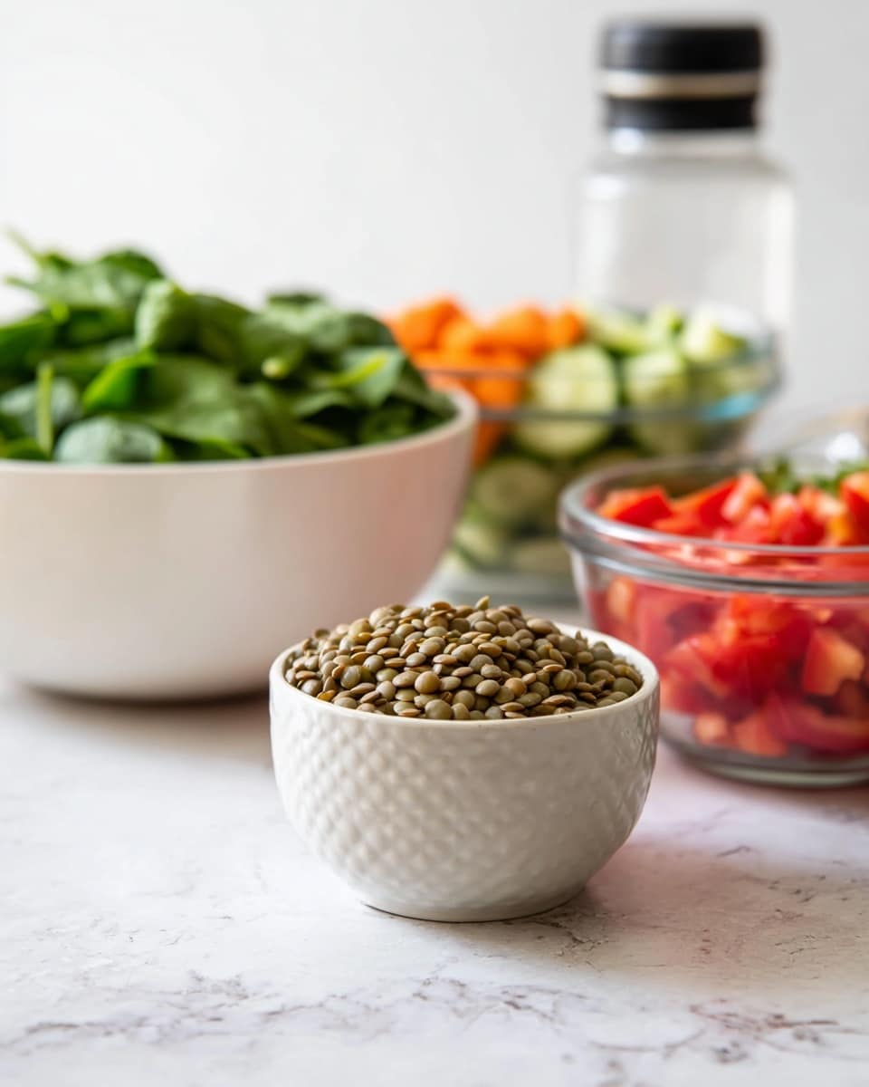 A close view of a white bowl filled with small green lentils, placed on a white marbled surface. Behind it, there is a large white bowl full of fresh green leafy spinach. To the right, a clear glass bowl contains chopped red bell peppers, and behind it, a mixed bowl of chopped cucumbers and carrots. A clear clear bottle with black cap is blurred in the background. The scene is bright and simple, showing fresh food ingredients for a healthy meal photo taken with an iphone --ar 4:5 --v 7