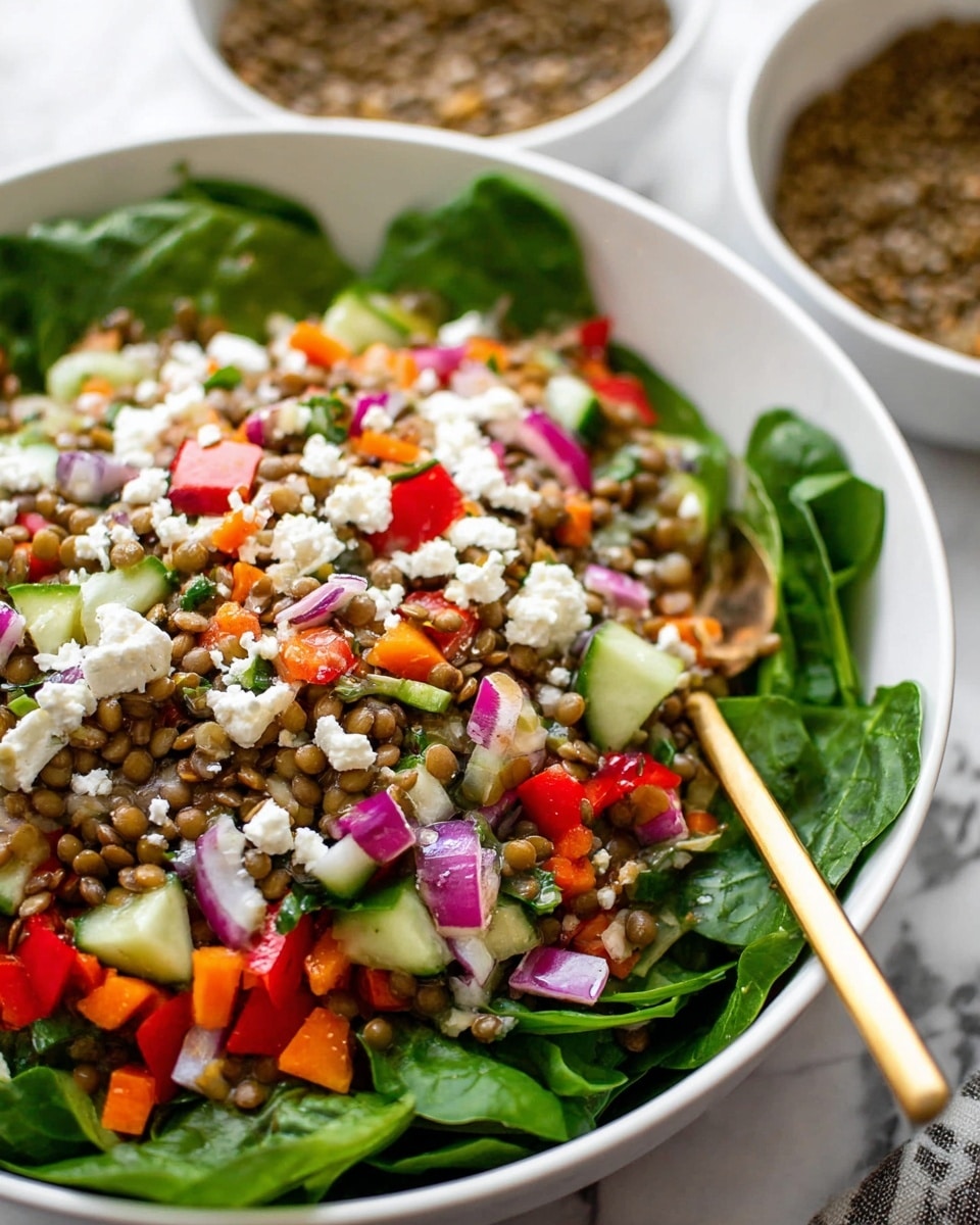 A large white bowl filled with a colorful lentil salad, showing multiple layers from bottom to top. The bottom layer has fresh spinach leaves with a dark green color and soft texture. On top, there is a mix of chopped vegetables including red bell pepper, orange carrot pieces, green cucumber chunks, and purple-red onion cubes. Scattered throughout and mostly on top are small brown lentils, adding a round and soft texture. White crumbled feta cheese is sprinkled over the lentils and vegetables, adding bright white spots. The bowl sits on a white marbled surface, and a golden spoon is placed inside the bowl. In the background, there is another white bowl with lentils visible. photo taken with an iphone --ar 4:5 --v 7