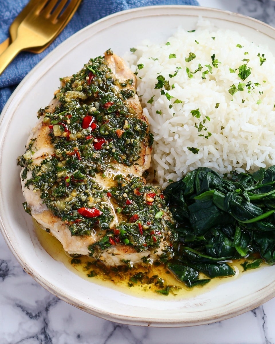 A thick piece of cooked fish with soft white flaky texture showing layers in the middle is topped with a green herb mixture that looks moist and finely chopped, covering the whole top surface of the fish. The fish rests on a small pool of light yellow oily sauce on a white plate, with a blurry green vegetable visible at the bottom right corner. The background has a white marbled texture. photo taken with an iphone --ar 4:5 --v 7