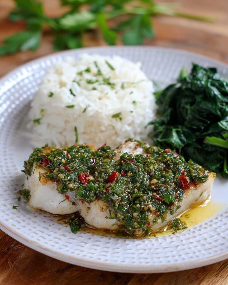 On a white plate with a dotted pattern, there is a piece of cooked fish topped with a green herb sauce that has bits of red pepper, giving it a textured look. Behind the fish, there is a portion of white rice with small green herb bits sprinkled on top. Next to the rice, on the right, there is a serving of cooked dark green leafy vegetables. The plate is placed on a wooden surface with a sprig of green herb nearby. photo taken with an iphone --ar 4:5 --v 7