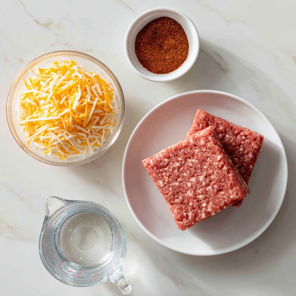 The image shows several ingredients arranged on a white marbled surface. In the center, there is a white plate holding two compact squares of raw ground beef with a reddish-pink color, showing a textured and slightly uneven surface. Above and to the right, there is a small white bowl filled with a reddish-brown taco seasoning powder that looks finely ground. Below this, a clear glass bowl contains a mix of shredded yellow and white Mexican cheese blend, the strands thin and soft. At the bottom left, a clear measuring cup holds water, clear and shiny. The composition is clean and bright, with natural lighting highlighting the colors and textures of the ingredients, photo taken with an iphone --ar 4:5 --v 7