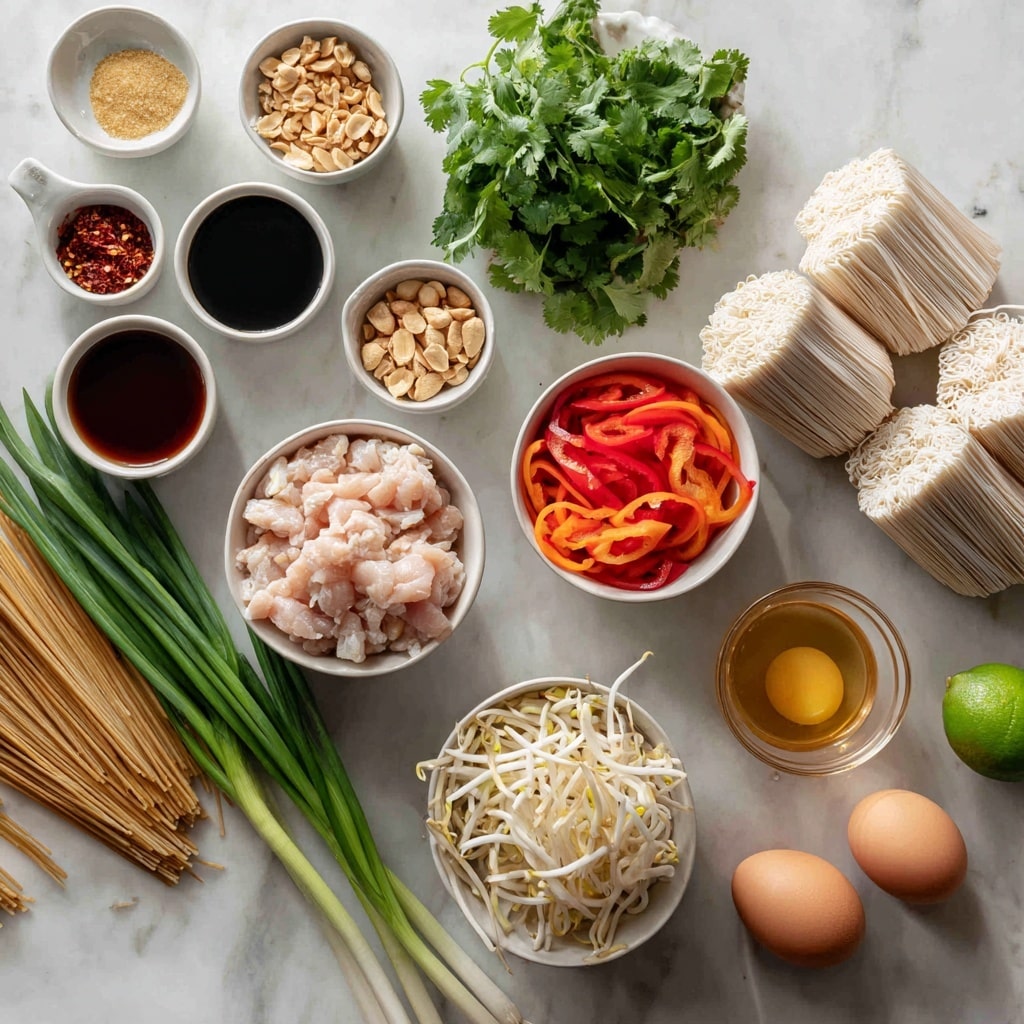 The image shows a top view of several white bowls and small white dishes arranged neatly on a white marbled surface, each filled with different fresh Pad Thai ingredients. One bowl holds light pink pieces of raw chicken, another has white bean sprouts, and a third bowl contains a mix of sliced red bell peppers and orange carrots. On the side, there are several bundles of off-white Pad Thai rice noodles stacked together, and green onions with long green stalks and white ends lie next to two brown eggs. Small white dishes contain various sauces and condiments, including dark soy sauce, brown coconut sugar, red sriracha, light rice vinegar, and toasted sesame oil. Fresh green cilantro leaves, crushed peanuts, minced garlic, a small lime, and a small glass of golden fish sauce complete the arrangement, all placed neatly on the white marbled surface. photo taken with an iphone --ar 4:5 --v 7