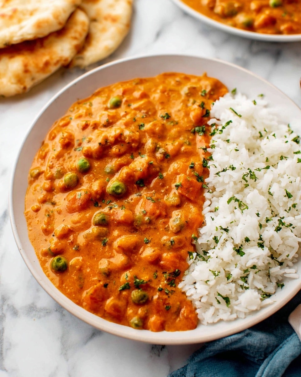 A white plate sits on a white marbled surface, filled with two main layers: a thick, orange creamy curry with visible chunks of vegetables and small green peas spread unevenly across the left side, and a fluffy white rice layer on the right side, garnished lightly with small bits of green herbs. In the background, partially blurred, there are pieces of flatbread stacked on the left side and another plate showing similar food on the right side. Photo taken with an iphone --ar 4:5 --v 7