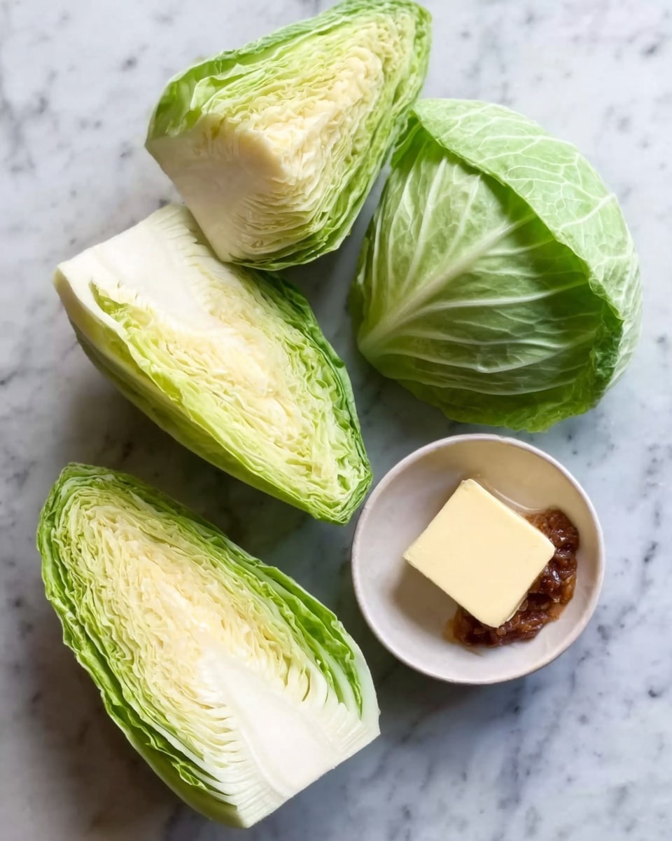 Four green cabbage wedges with light green and white layers, each wedge showing tightly packed leaves, are arranged around a small white bowl holding a pale yellow square of butter topped with a small brown paste. All items sit on a white marbled surface. Photo taken with an iphone --ar 4:5 --v 7
