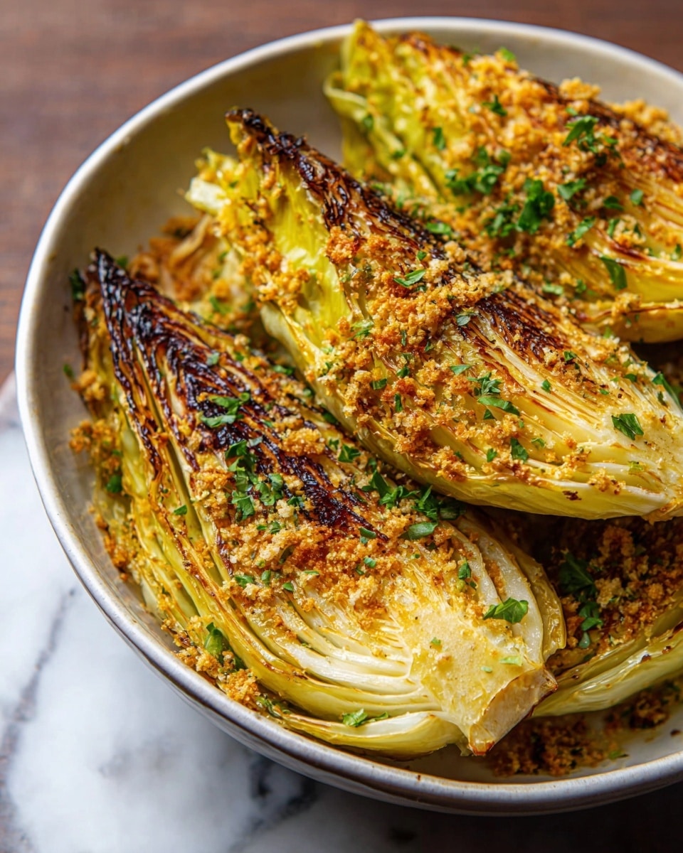 Three grilled wedges of cabbage with a golden brown char on the edges are placed in a white bowl. The cabbage layers are tightly packed, showing a mix of light yellow and white with some green near the outer leaves. The top of each wedge is sprinkled with small, crunchy golden crumbs and fresh green herb bits. The bowl sits on a white marbled surface. photo taken with an iphone --ar 4:5 --v 7