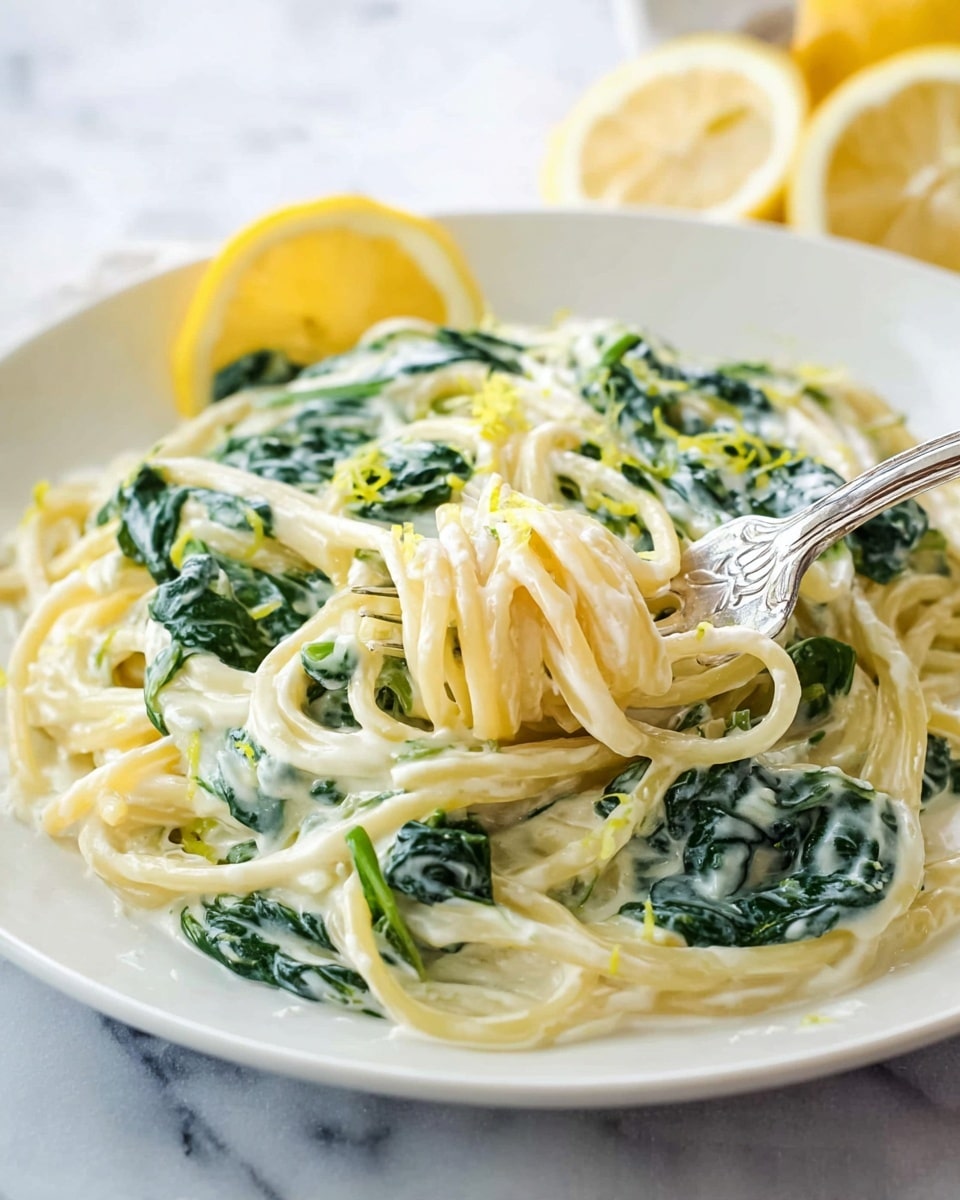 A plate of spaghetti pasta is shown with creamy white sauce mixed with green spinach leaves, giving a soft and smooth texture. The pasta strands are gently twisted in small bundles, with some coated in sauce and spinach, creating a mix of pale yellow noodles and deep green leafy parts. There are small bits of lemon zest sprinkled on top, adding tiny yellow spots. A slice of bright yellow lemon sits on the edge of the white plate. A silver fork is twirled into the pasta on the right side. The plate rests on a white marbled surface, with blurred lemon wedges in the background. Photo taken with an iphone --ar 4:5 --v 7